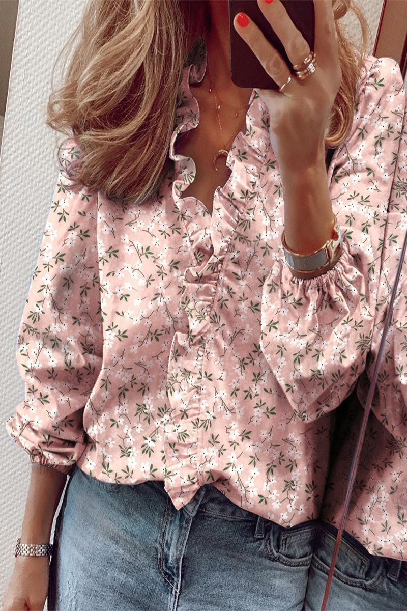 V-Neck Blouse with Ruffled Long Sleeves