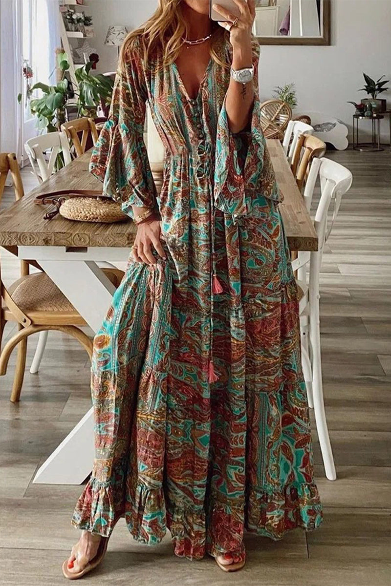 Bohemian V-Neck Dress with Flared Trumpet Sleeves
