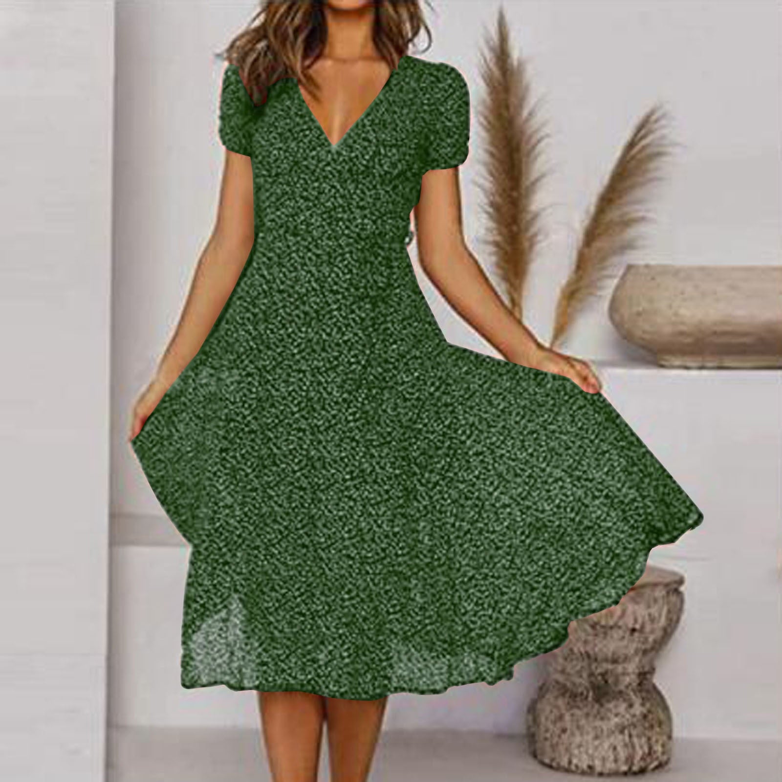 V-Neck A-Line Dress with Flowy Hem