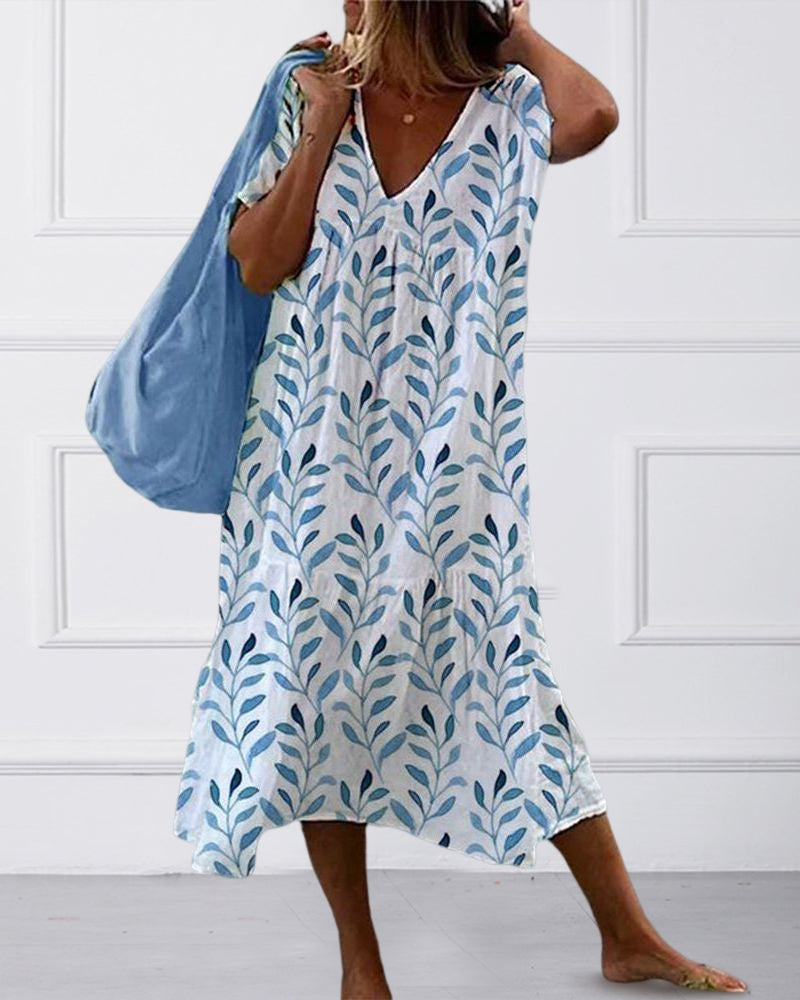 Leaf Print Flowy Midi Dress
