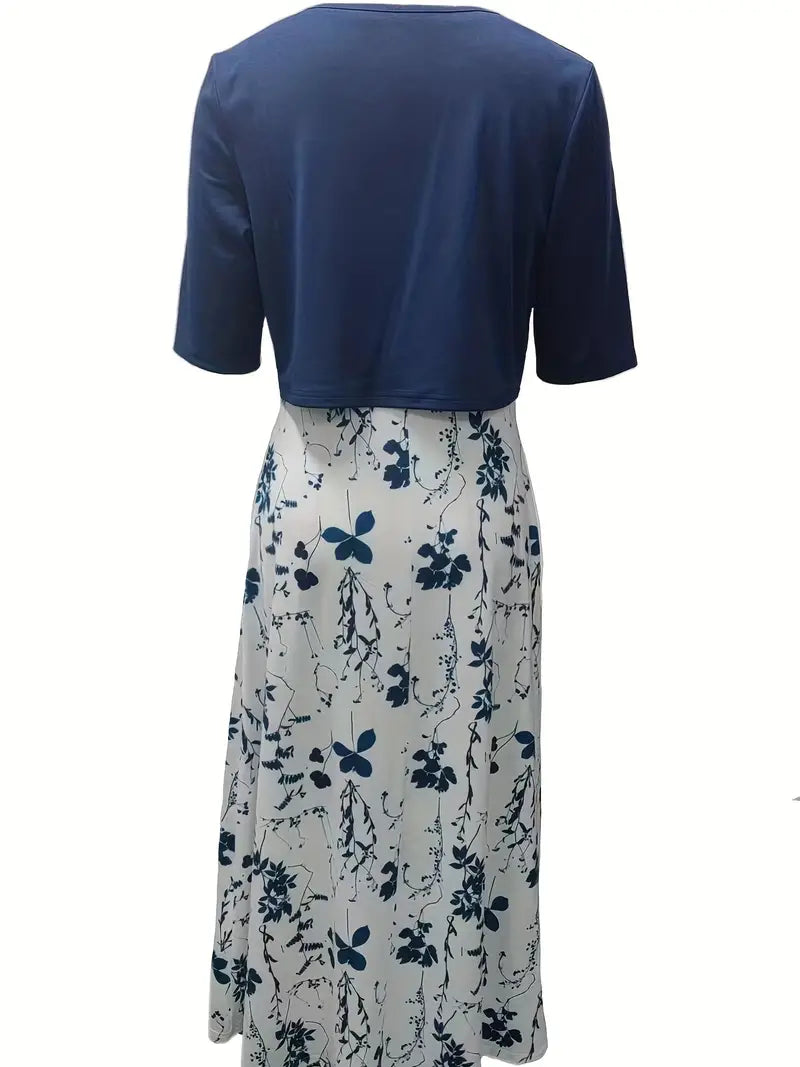 Stylish Floral Two-Piece Dress Set with Solid Crop Top and Round Neckline