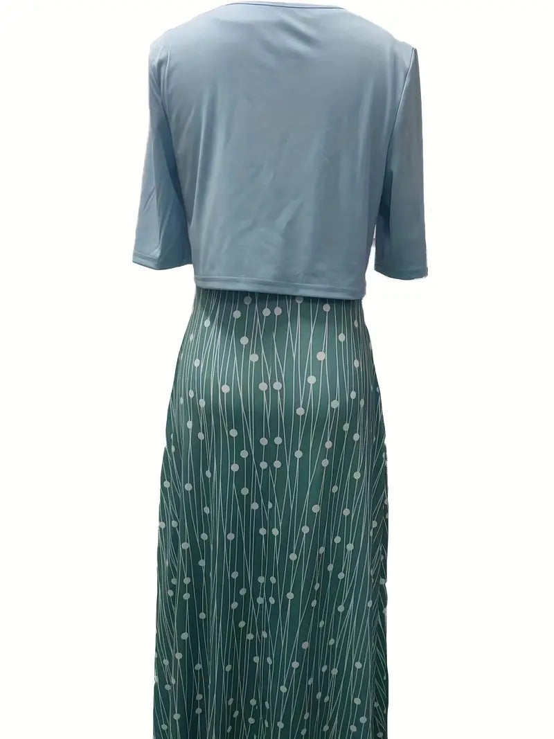 Stylish Floral Two-Piece Dress Set with Solid Crop Top and Round Neckline