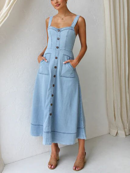 Casual Strap Denim Midi Dress with Button-Up Detail