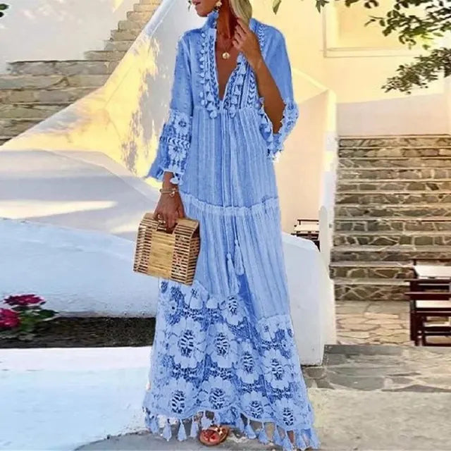 Boho Chic Lace and Fringe Maxi Dress