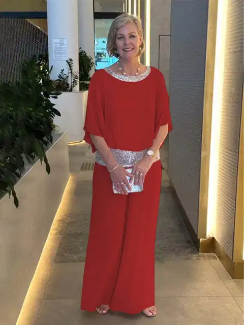 Elegant Evening Outfit: Shimmering Top Paired with Palazzo Pants