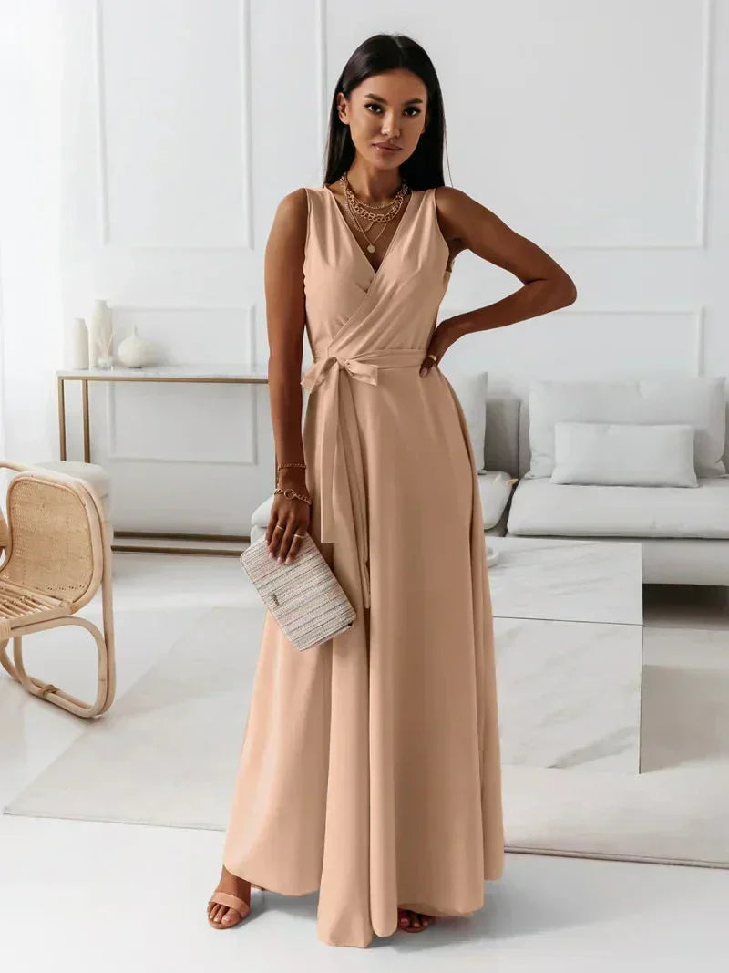 V-Neck Maxi Dress for Women - Solid Color
