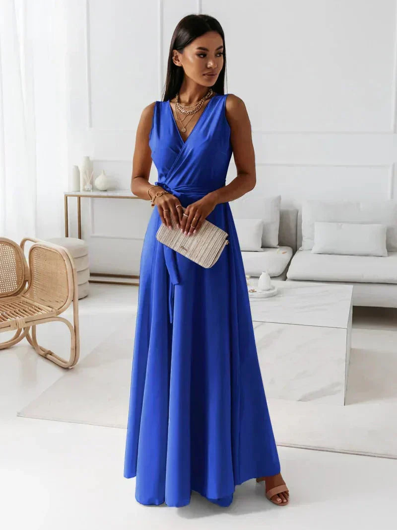 V-Neck Maxi Dress for Women - Solid Color