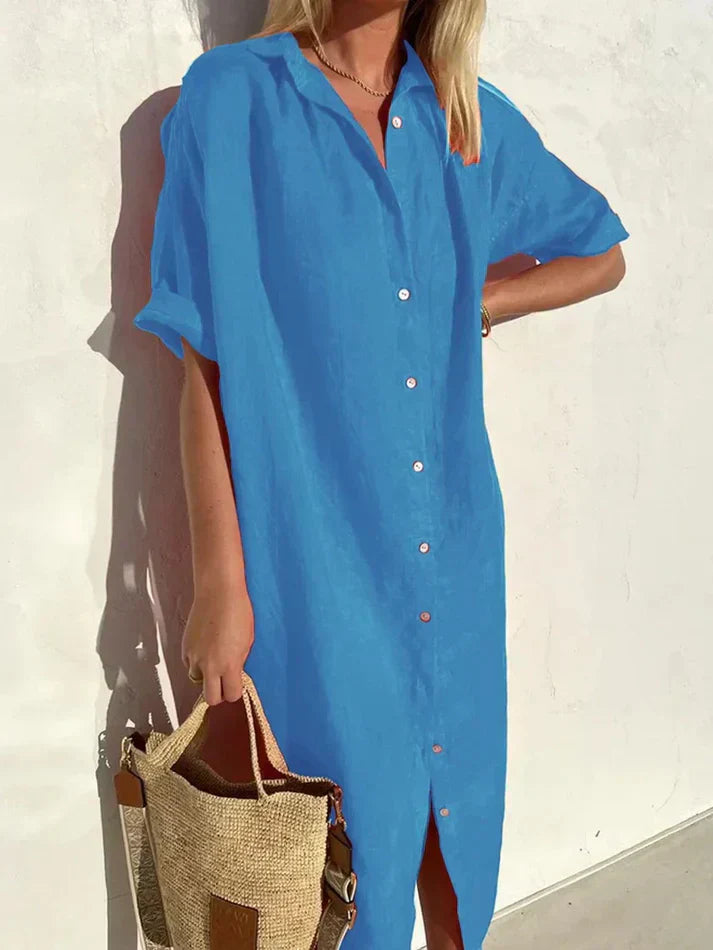 Stylish Women's Casual Dress with Wide Sleeves and Button Accents, Made from Cotton and Linen