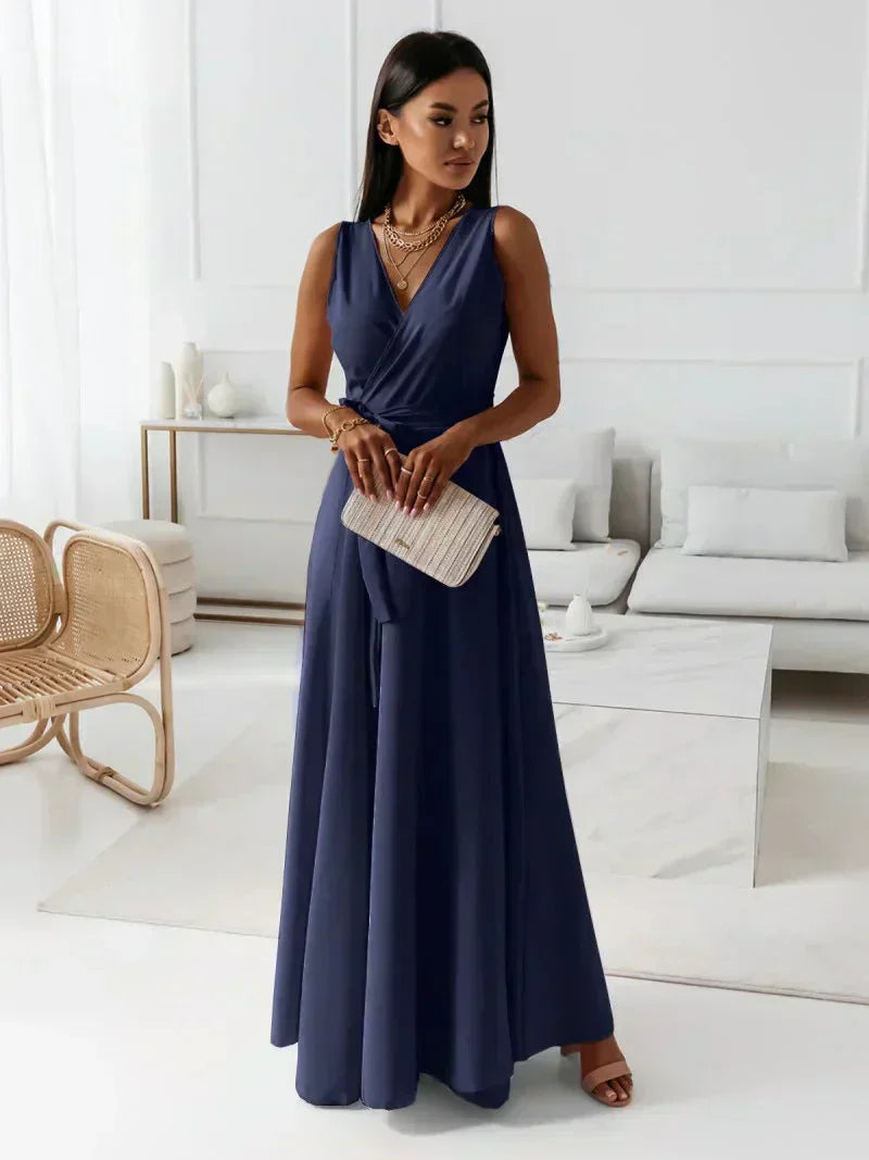 V-Neck Maxi Dress for Women - Solid Color