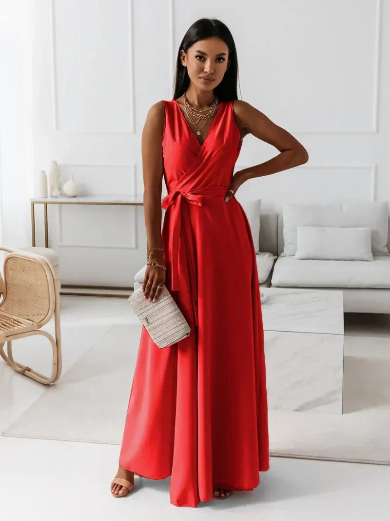 V-Neck Maxi Dress for Women - Solid Color