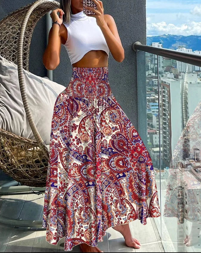 Elegant High-Waisted A-Line Skirt with Elastic Waist and Graceful Flow