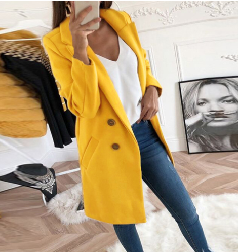 Women's Double-Breasted Wool Coat with Notched Collar